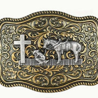Boucle de Ceinture Rectangulaire Cowboy avec Cheval et Croix
