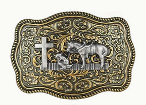 Boucle de Ceinture Rectangulaire Cowboy avec Cheval et Croix